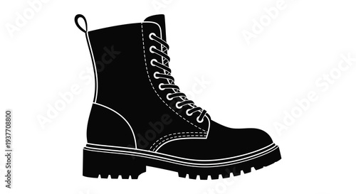 A striking black silhouette of a classic lace up boot with a thick sole silhouette high quality professional detailed