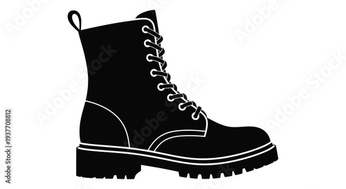 A stark black silhouette of a lace up combat boot showcasing its rugged design silhouette high quality professional detailed