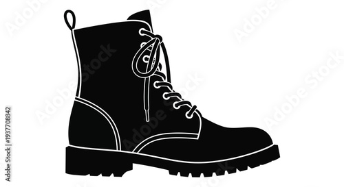 A stark black and white illustration of a single combat boot presented as a silhouette high quality professional