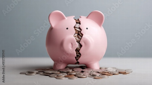 Broken piggy bank with coins spilling out, symbolizing financial loss.