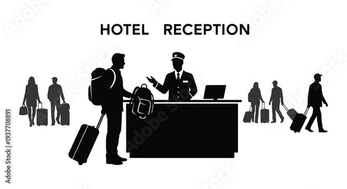 A hotel reception area depicts guests checking in and out illustrated as a striking silhouette high quality professional