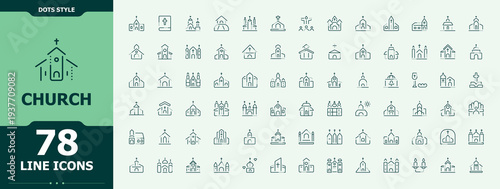 Church modern icon set. Contain linear sign christian, sanctuary, building, religion, christ, cross and more. Icons for UI design. Pixel perfect. Editable stroke. Synagogue vector line icon set.