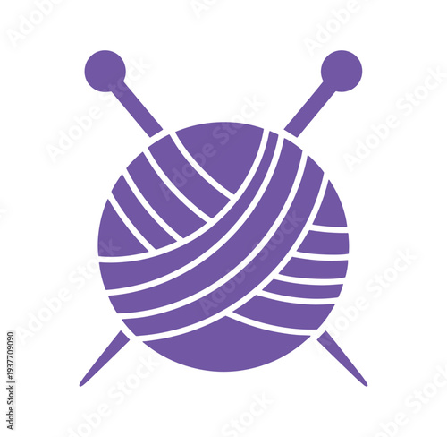 Purple ball of yarn with knitting needles on white background