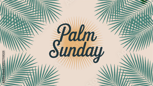 Palm sunday celebration background with green palm leaves and sunburst on beige