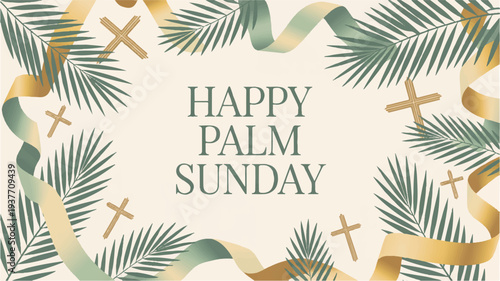 Palm sunday celebration with green leaves gold ribbons and crosses on beige background festive easter decoration