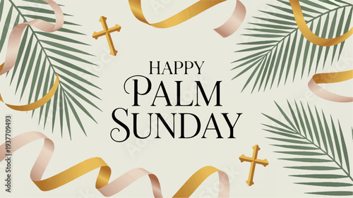 Palm sunday celebration with golden ribbons and palm leaves on beige background