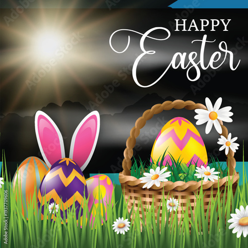 Happy Easter Bunny with Decorated Eggs and Daisies