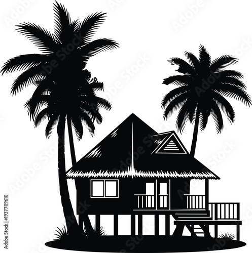 Flavector, tropical stilt house silhouette, palm tree illustration, coastal architecture art, island living design, beachside vacation concept, exotic getaway scene