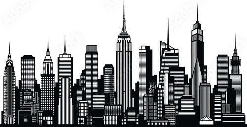 Flavector, New York City skyline silhouette, modern skyscraper illustration, urban architecture art, metropolitan design concept, dense cityscape drawing, iconic buildings