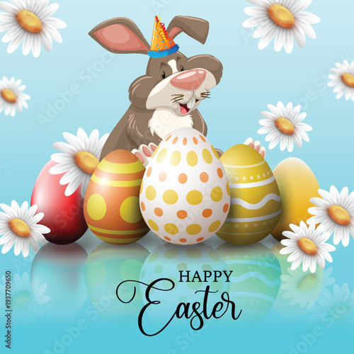Happy Easter Bunny with Decorated Eggs and Daisies