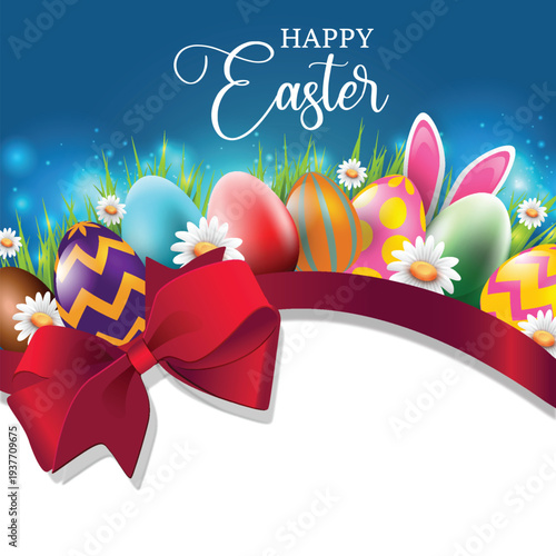 Happy Easter Bunny with Decorated Eggs and Daisies