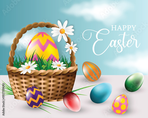 Happy Easter Bunny with Decorated Eggs and Daisies