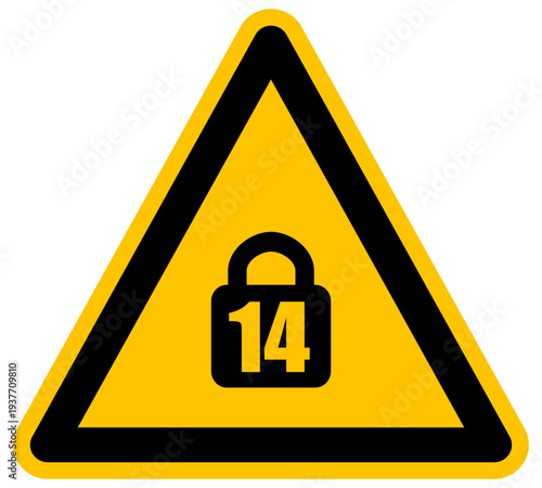Señal de advertencia con número 14 dentro de un candado icono de vector de restricción de edad o seguridad específica