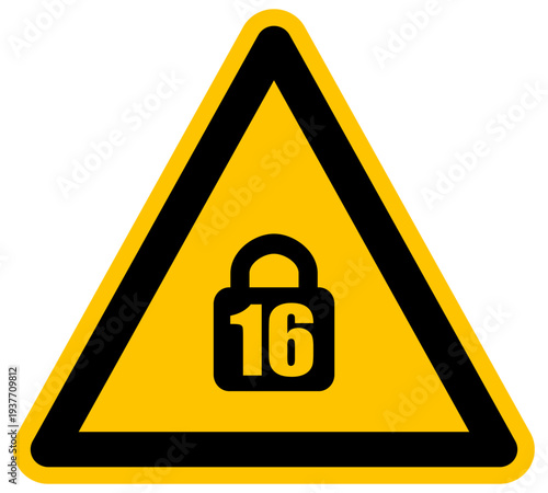 Señal de advertencia con número 16 dentro de un candado icono de vector de restricción de edad o seguridad específica