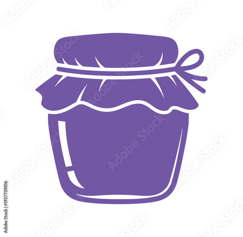 Purple jam jar with lid and tied cloth cover on white background