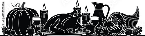 Thanksgiving feast silhouette, roasted turkey, harvest meal, pumpkin, cornucopia, bread, wine glasses, candles, festive celebration, abundance, tradition, gratitude