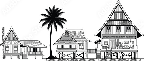 Traditional stilt houses waterfront scene, tropical palm tree architecture, Southeast Asia coastal village illustration, vernacular design harmony, flavector