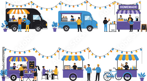 Flavector, vibrant street food market scene, colorful food trucks, lively outdoor dining, festive atmosphere, diverse cuisine stalls, community gathering, urban culture