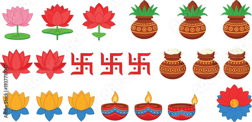 Traditional Hindu religious icon set featuring colorful lotus flowers swastika symbols oil lamps and decorative kalash pots for festival and spiritual design.