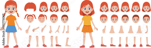 Cartoon girl character creation kit with different facial expressions hairstyles poses and body parts vector illustration for animation design children mascot and game development