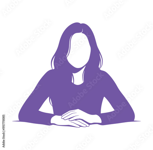 Purple silhouette of a woman sitting at a table with her hands clasped together in front of her