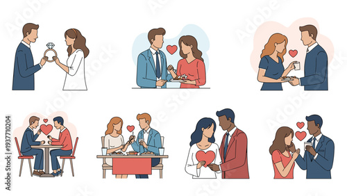 Collection of diverse couples in various romantic situations like marriage proposals, sharing food, and enjoying dinner dates together.