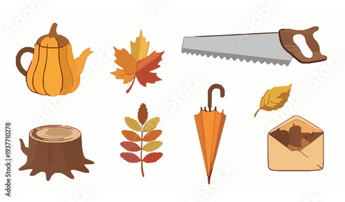 Cute autumn elements set with gourd teapot leaves saw stump umbrella and acorn envelope vector illustration