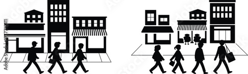 Urban street shopping scene silhouette with people walking past stores and city buildings vector illustration representing retail district lifestyle commerce and everyday city activity