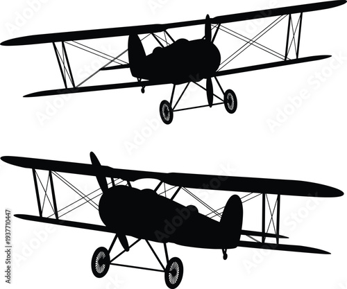Vintage biplane airplane silhouette set featuring classic propeller aircraft flying in retro aviation style isolated vector illustration for historical aviation transport and flight design