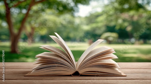 Open book on a wooden table with a blurred park background