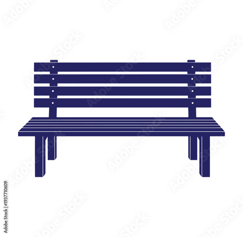 Simple dark blue wooden park bench on white background