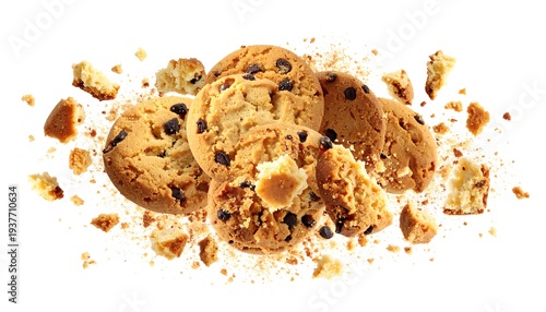 Scattered chocolate chip cookies surrounded by crumbs float midair on a white backdrop