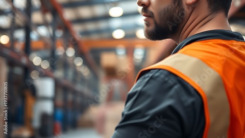 bluecollar. Warehouse worker focused on task, with industrial setting softly blurred in background. safety posters.