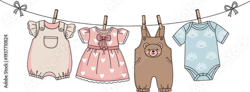 Adorable baby clothing set featuring infant rompers dress and bear overalls hanging on a clothesline for nursery and newborn shower concepts vector illustration.