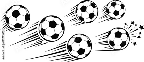 Dynamic soccer ball silhouette set with speed lines and star accents for sports competition football tournament and athletic motion concepts.