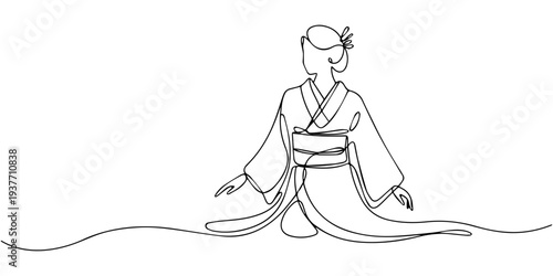 continuous one line drawing Vector illustration of a woman in kimono sitting in yoga pose