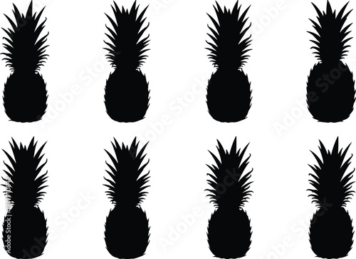 Abstract pattern featuring multiple black pineapple silhouettes against a pure white background, symbolizing summer, tropical themes, and wholesome nutrition.