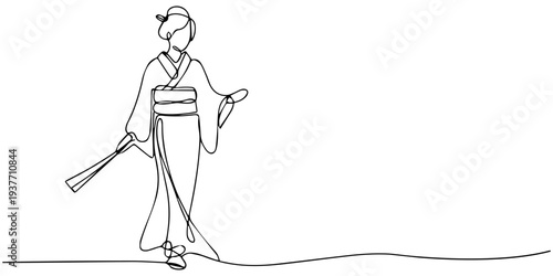 continuous one line drawing Vector illustration of a woman in kimono holding a sword