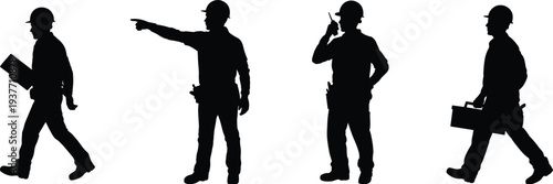 Construction engineer worker silhouettes walking pointing talking radio carrying toolbox, industrial jobsite workforce illustration collection set