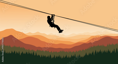 Silhouette of a person zip-lining across a mountain range, vector illustration at sunset