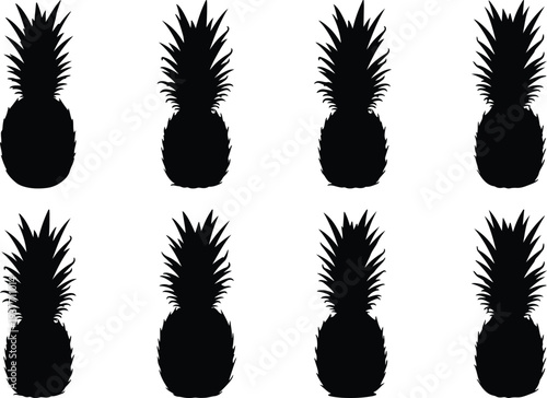 Graphic pattern composed of numerous black pineapple silhouettes on a white background, ideal for themes of summer, tropical flavors, and nutritious food options.