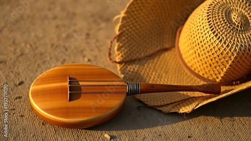 berimbau. A single berimbau instrument next to an inverted straw hat, a simple and cultural still life. event programs, museum guides, designed for cultural heritage projects and event programs.