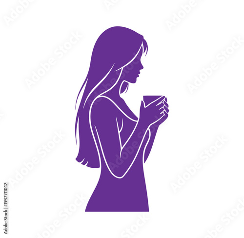 woman holding cup in purple silhouette side view drinking coffee or tea