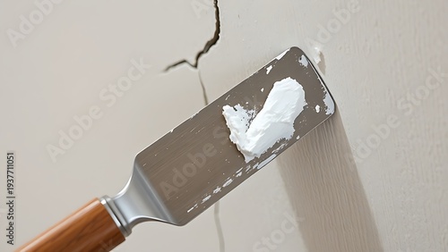 amalgam. A putty knife with fresh white spackle on a wall crack, shallow depth of field. safety posters, maintenance manuals, designed for precision metalworking and fabrication facilities.