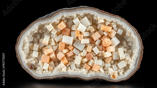 tubercular. Polished cross-section of a mineral specimen with vari-colored crystals. STEM education sheets, lab safety posters, designed for biotech research communications.