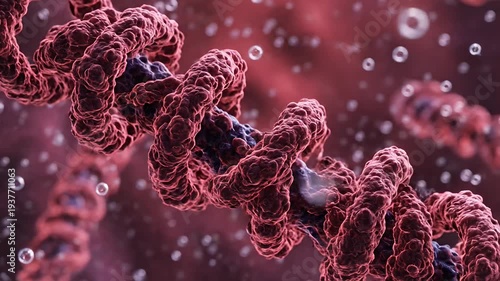 Red microscopic DNA or bacterial cells with floating particles