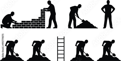 Construction Worker Silhouette Icons Set Featuring Bricklaying, Shoveling, Supervising, and Ladder Tasks for Occupational and Industrial Design