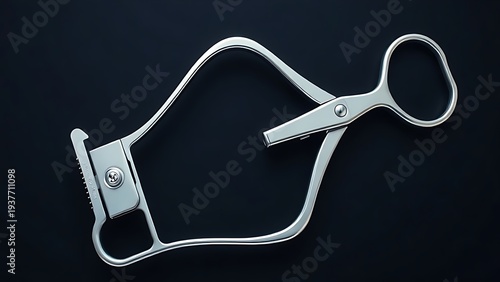 retractor. Sterile stainless steel surgical retractor on a dark background. STEM education sheets, lab safety posters, designed for biotech research communications, used by photographers.