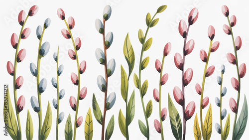 Colorful illustration of blooming flowers and buds with green leaves on white background symbolizing spring growth and nature's renewal