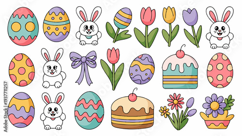 Colorful easter icons with eggs bunnies flowers and cake on white background for spring holiday decoration